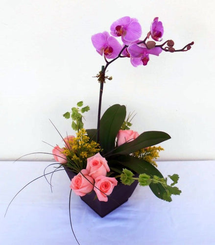 Orquideas en Maceta con rosas y follajes