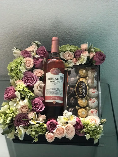 Flores, vino y chocolates